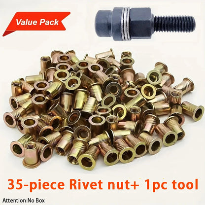 36pcs Heavy-Duty Rivet Nut Kit W/Tools (M3-M12) Zinc-Coated RH Threaded for Car Repair/Furniture/License Plate/Renovation