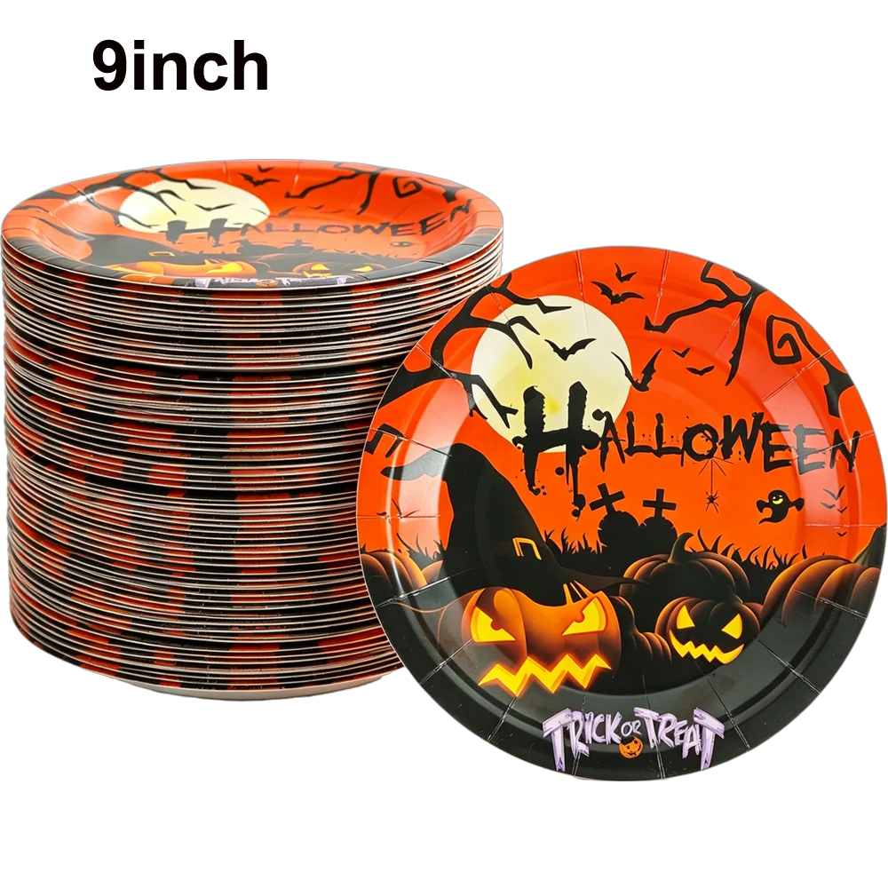 10/20/50/100Pcs Halloween 7/9inch Paper Plates Cup Vampire Mummy Spooky Themed Dinnerware Decor Halloween Table Party Supplies